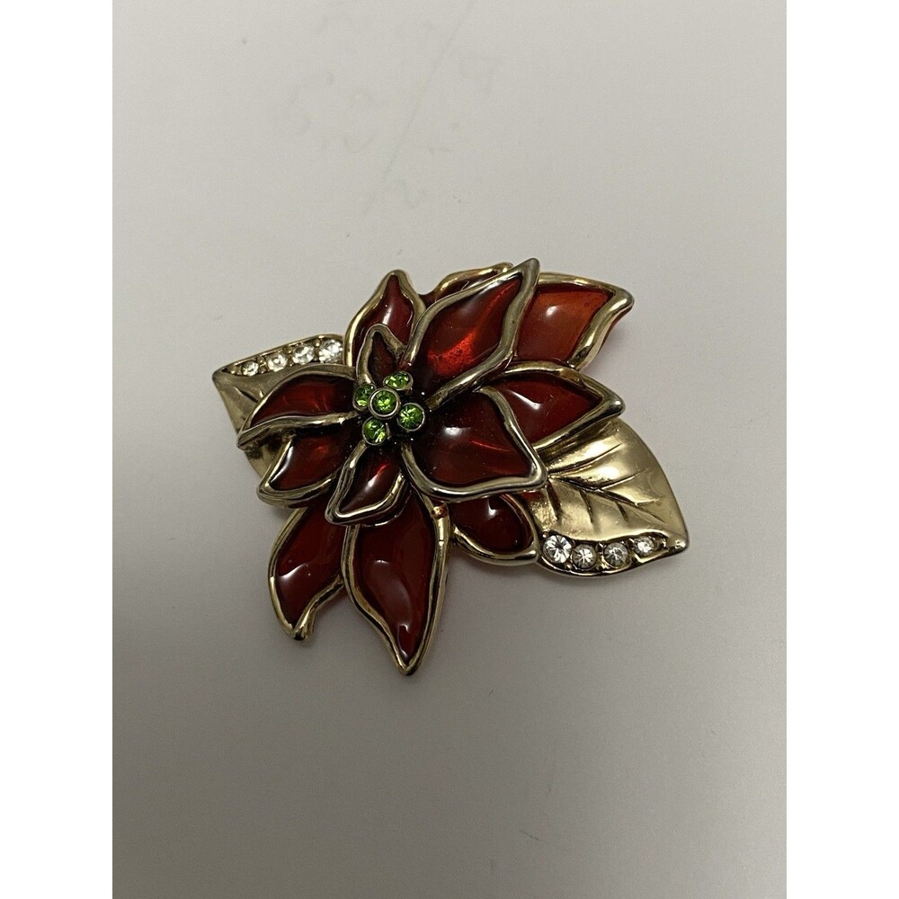 Liz Claiborne Poinsettia Flower Rhinestone Gold Tone Christmas Holiday Brooch